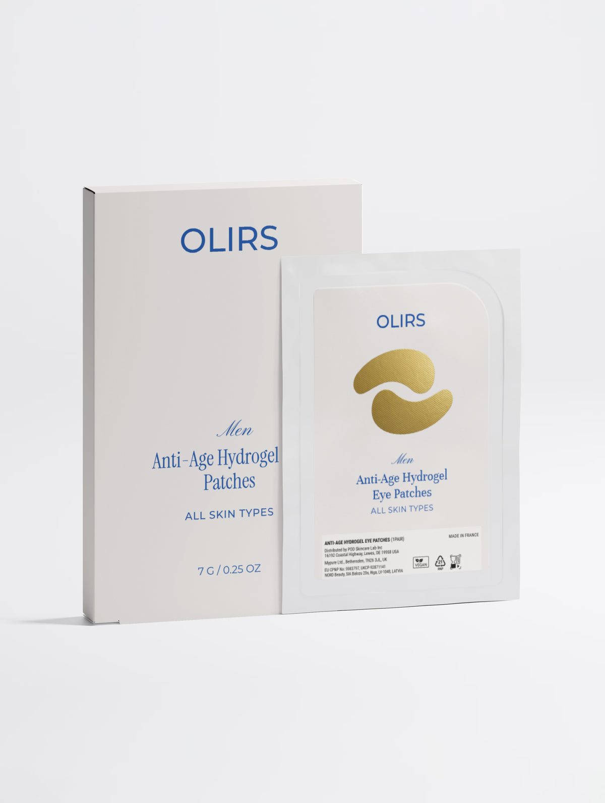 OLIRS Men Anti-Age Hydrogel Eye Patches packaging and product sachet for all skin types.