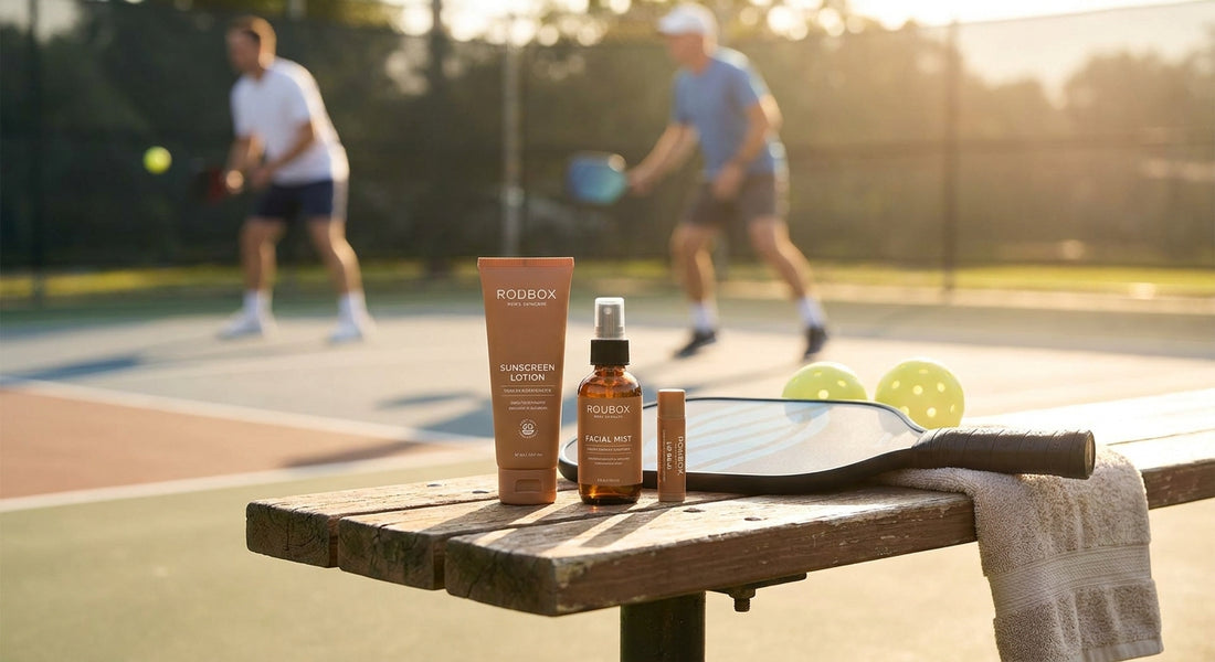 Skincare set for men taking up pickleball or tennis outdoors