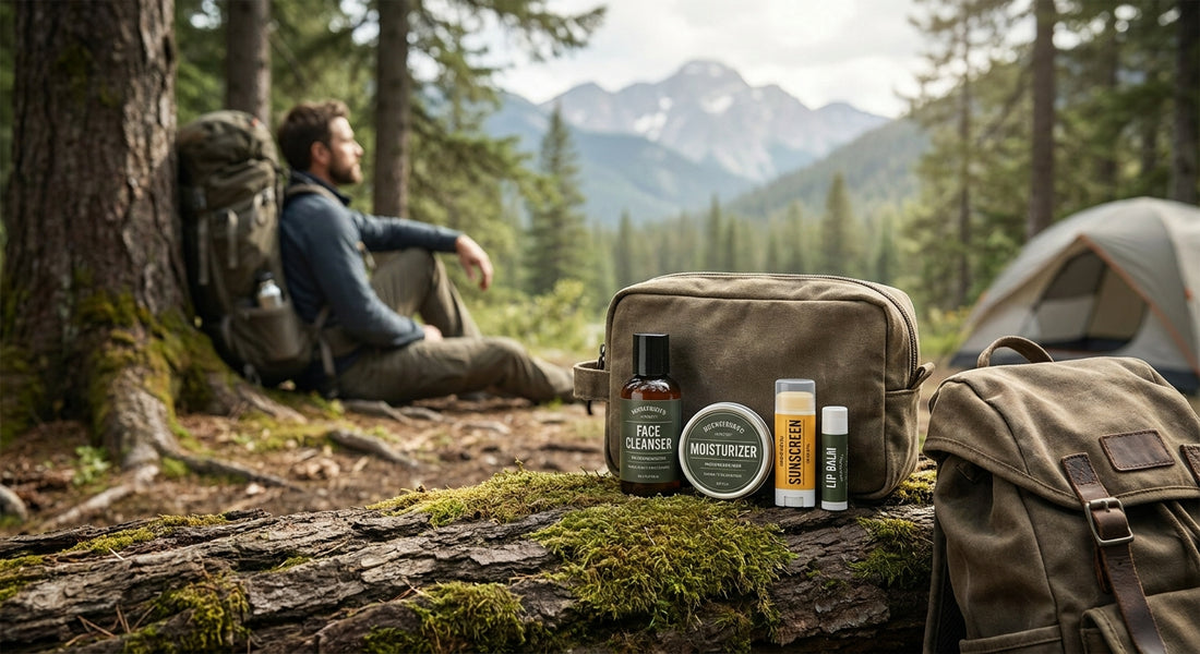 Skincare set for men doing a solo backpacking trip