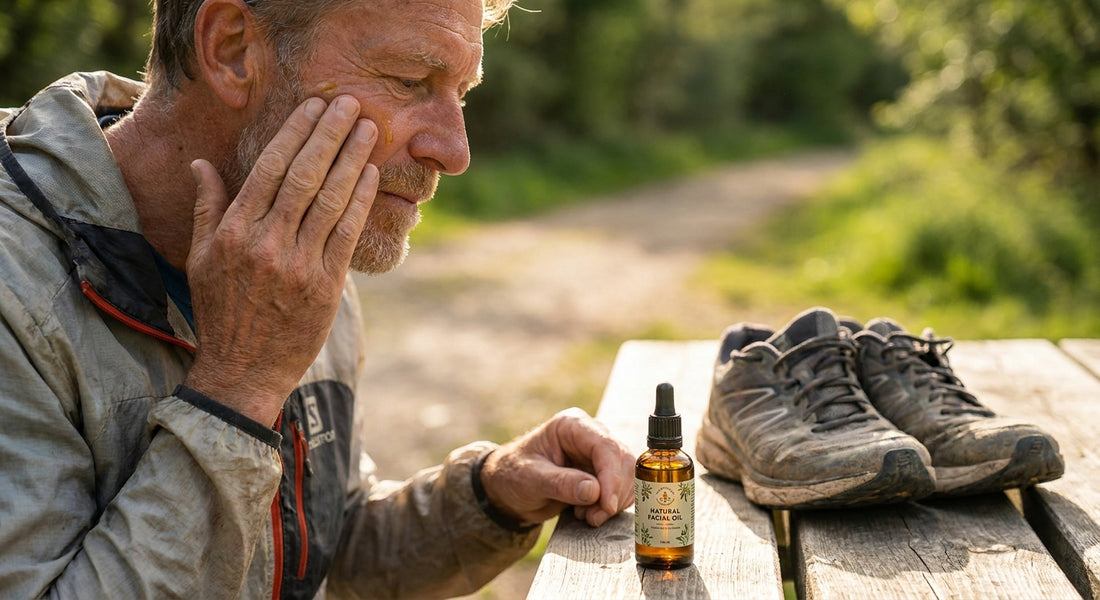 Facial oil for men with sun damage from years of running outdoors