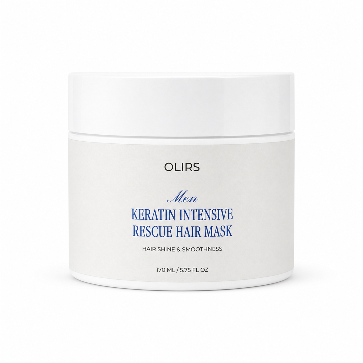 Keratin Rescue Hair Mask in a white jar designed for men, promoting hair shine and smoothness with keratin.
