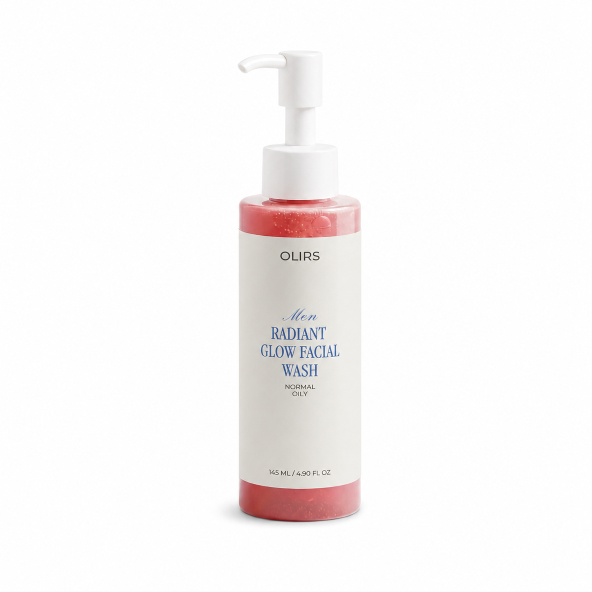 Men's Radiant Glow Facial Wash in a pump bottle for normal to oily skin. 145 ml cleanser. 98% natural-origin gel.