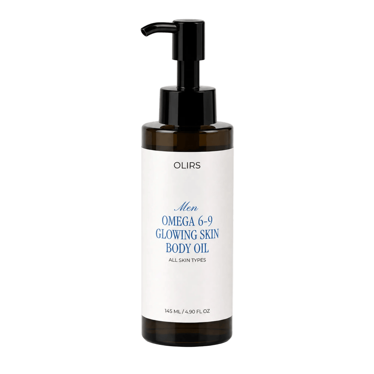 Men Omega 6-9 Glowing Skin Body Oil in a brown bottle with pump, suitable for all skin types.