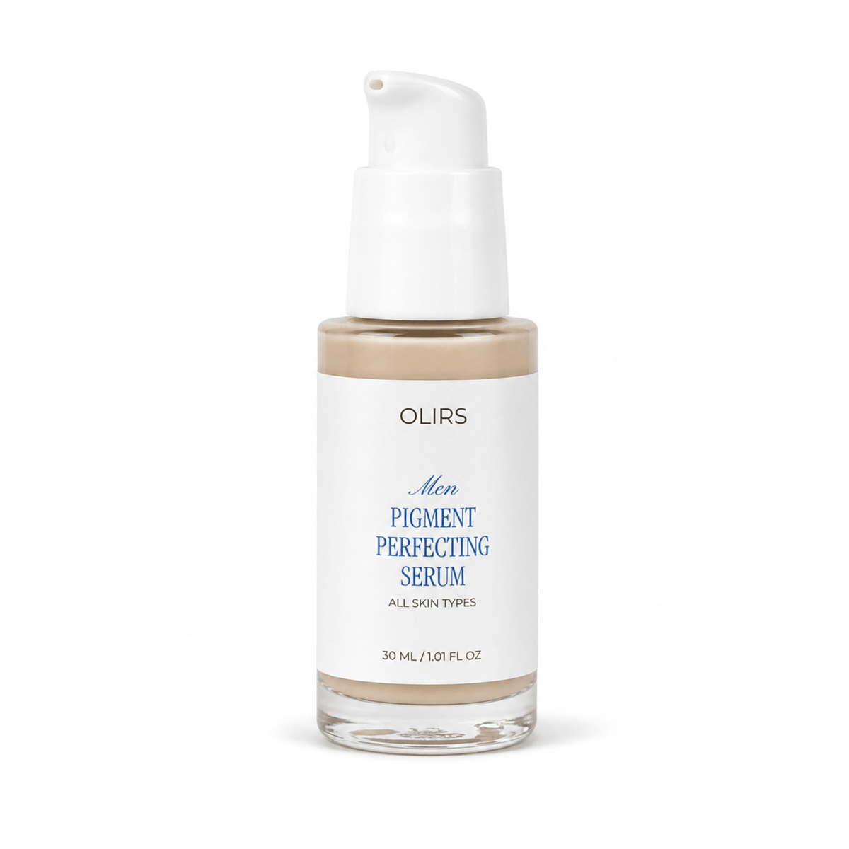 Men Pigment Perfecting Serum in a glass bottle designed for all skin types, enhancing complexion and reducing pigmentation.