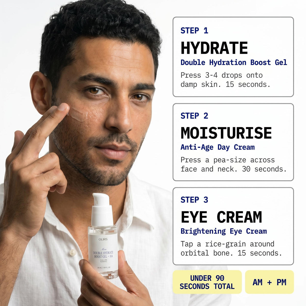 Deep Moisture Trio three-step routine with Double Hydration Boost Gel, Anti-Age Day Cream, and Brightening Eye Cream.