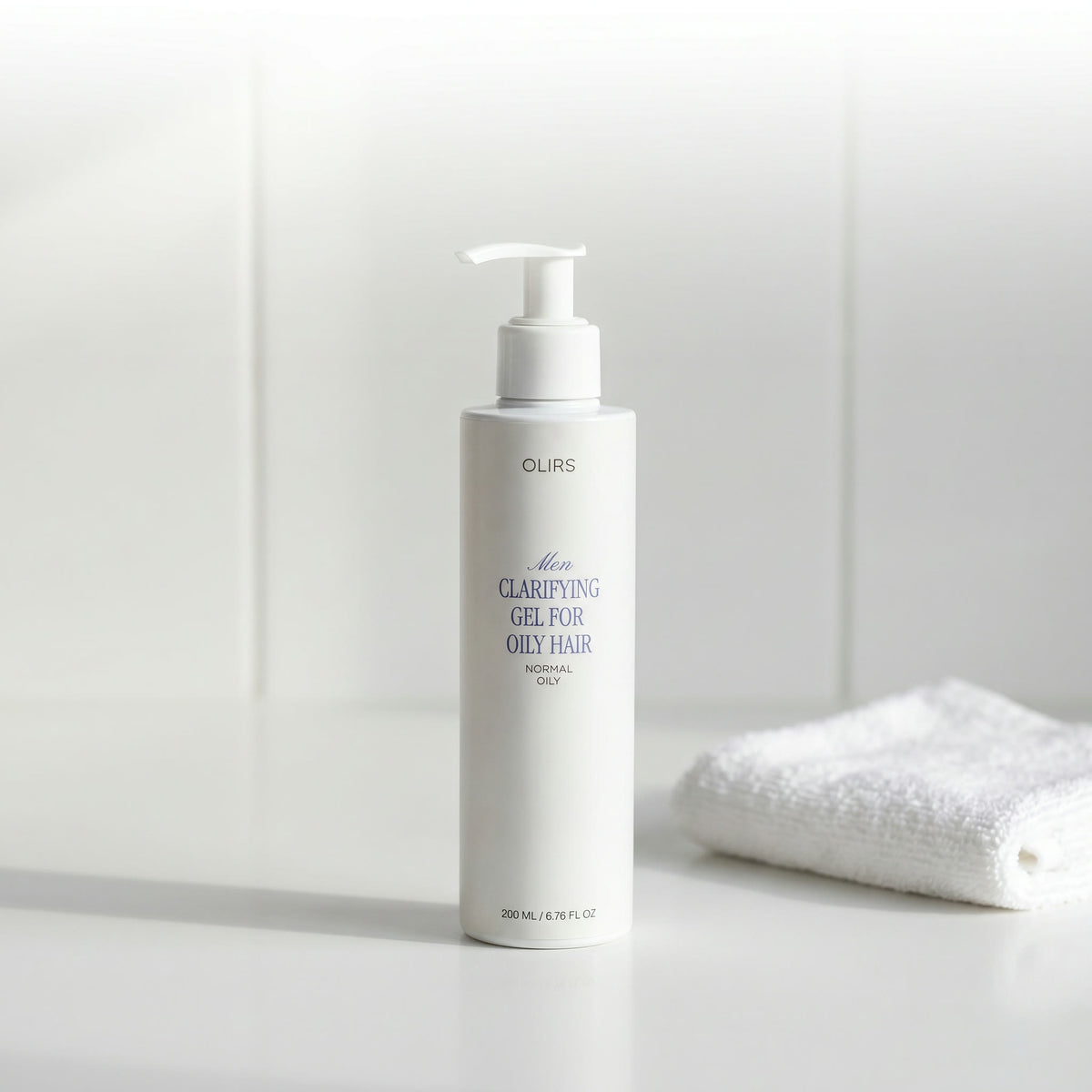 Daily Clarifying Gel Cleanser in a sleek bottle, designed for normal and oily-feeling hair.