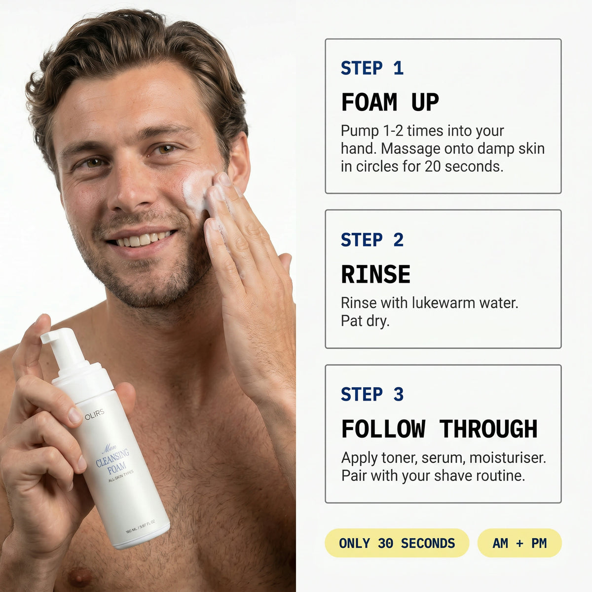 Daily Cleansing Foam application steps with a man gently massaging foam onto his face.