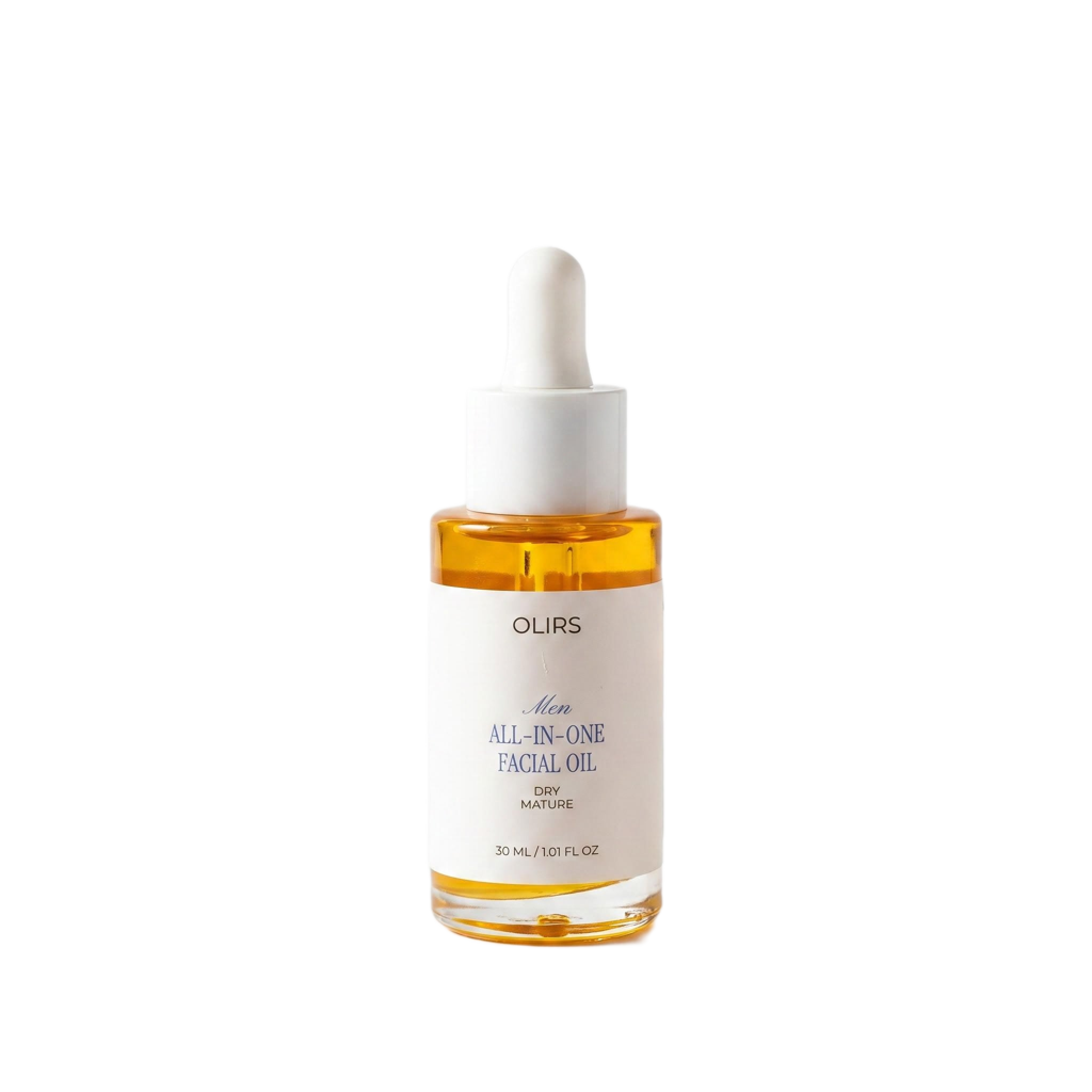 All-In-One Facial Oil in a glass bottle with dropper for dry and mature skin, featuring six nourishing oils.